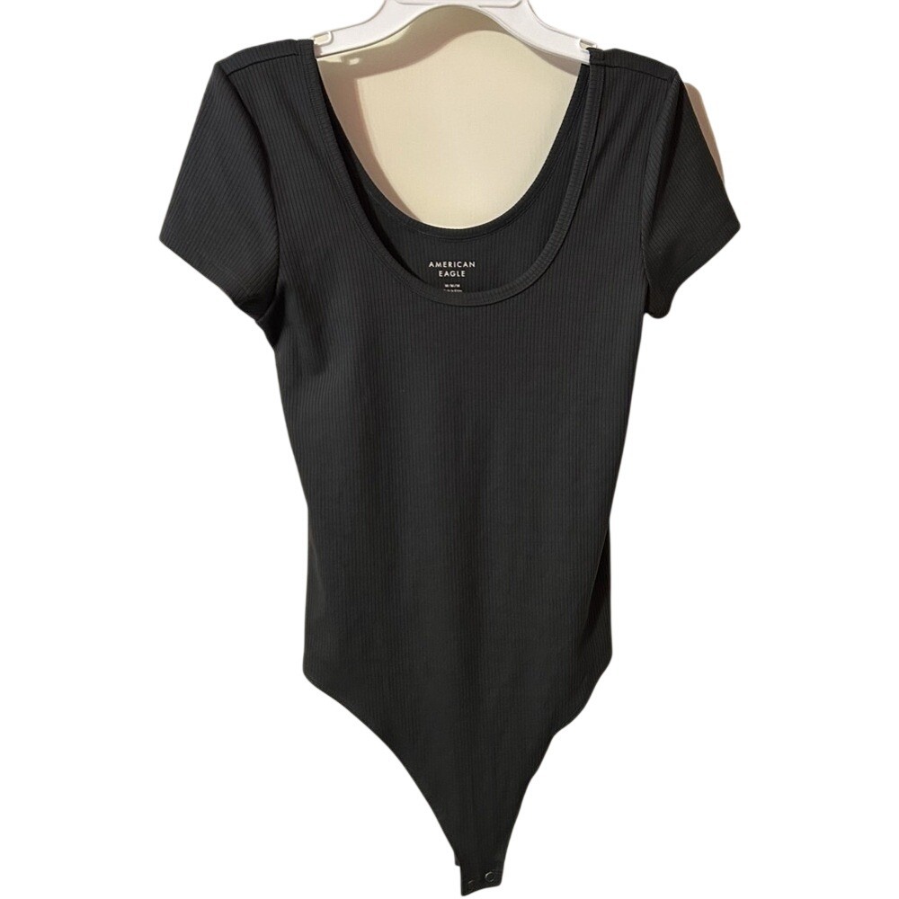 American Eagle Dark Charcoal Ribbed Scoop Neck Bodysuit